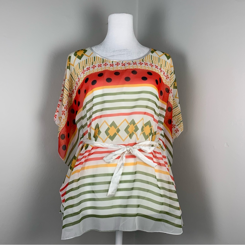 NWT Colorful Semi Sheer Chiffon Kaftan Kimono Belt Batwing Top Blouse Fits XS-L